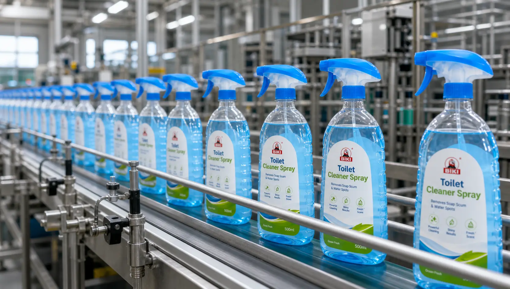 Cleaning product filling line in factory workshop