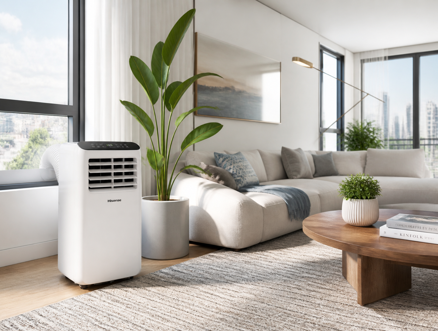 Portable air conditioner in a bright living room