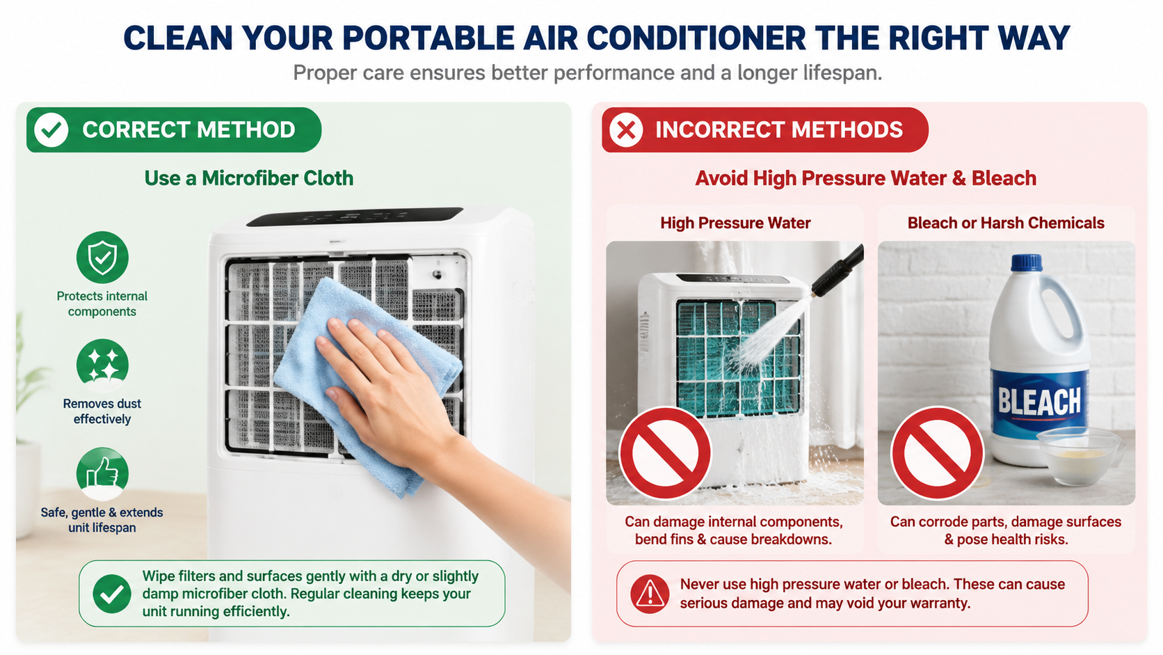 Correct and incorrect methods for cleaning a portable air conditioner