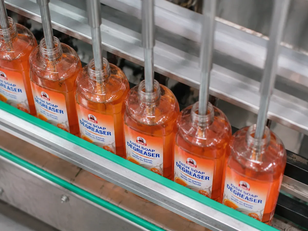 Dishwashing liquid production line in factory workshop