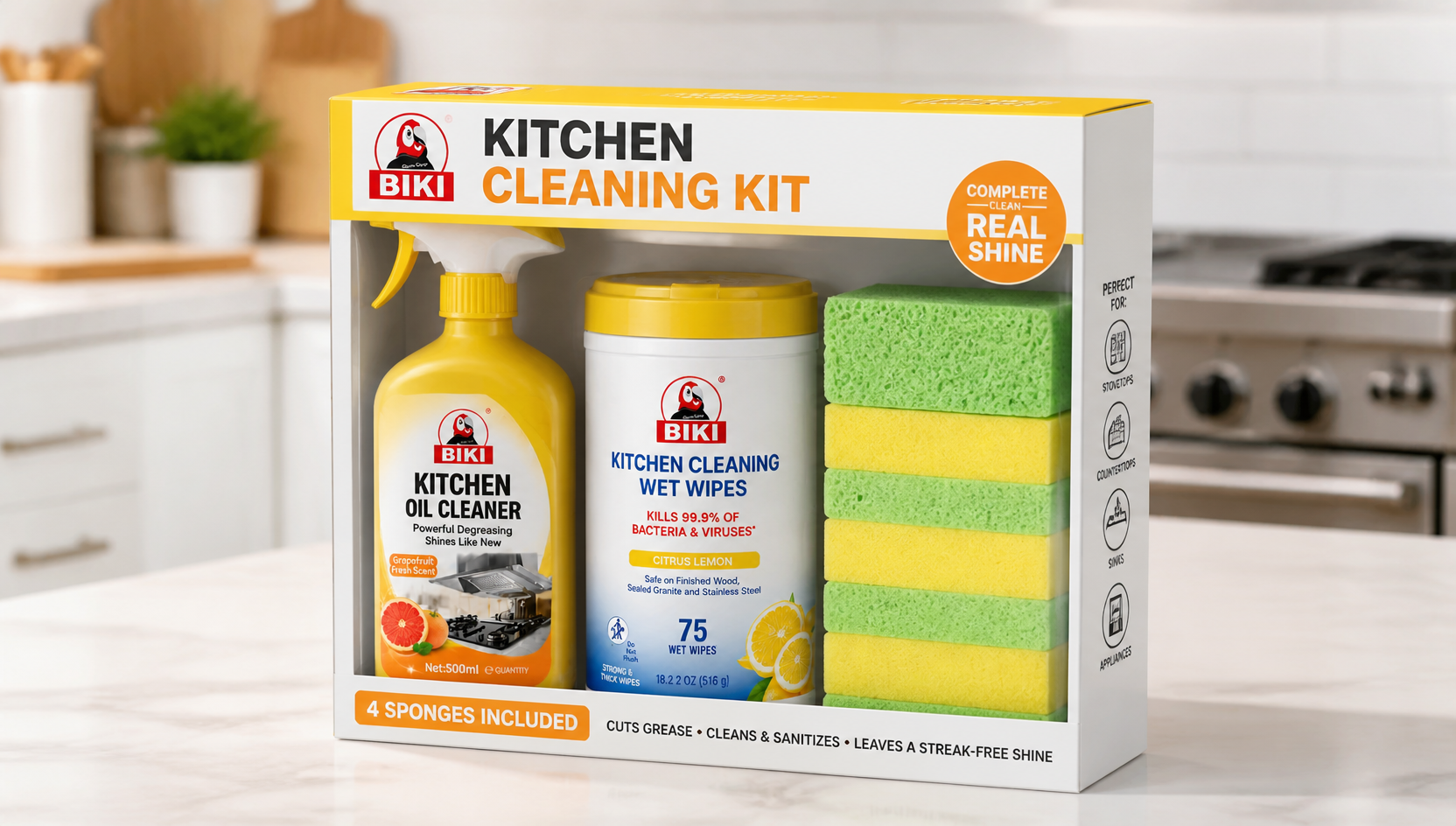 Kitchen cleaning kit with cleaner, wipe, and sponge packaging
