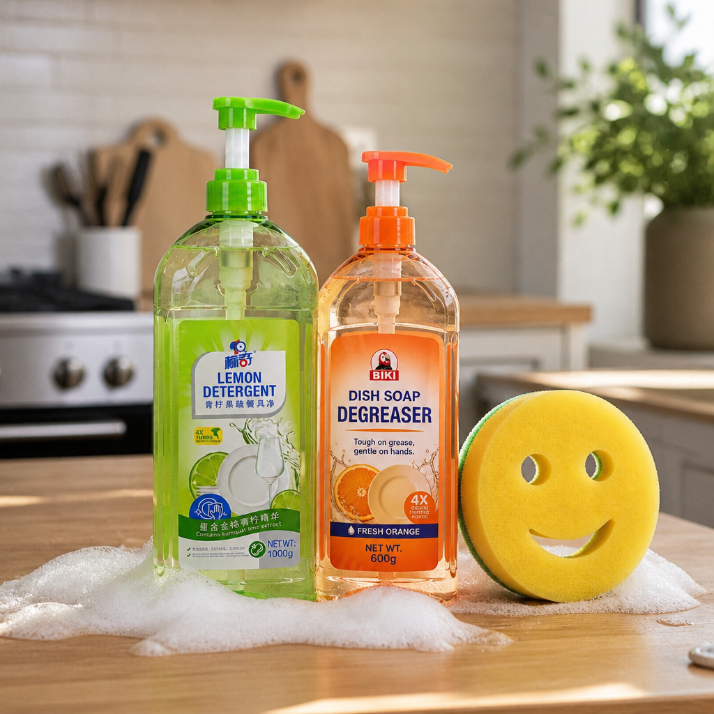 Dishwashing liquid, degreaser, and sponge for a complete cleaning set