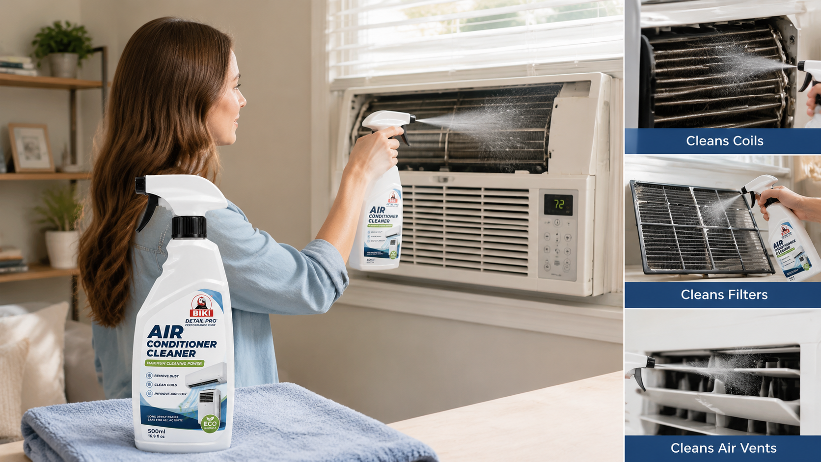 Air conditioner cleaning spray used on a window air conditioner