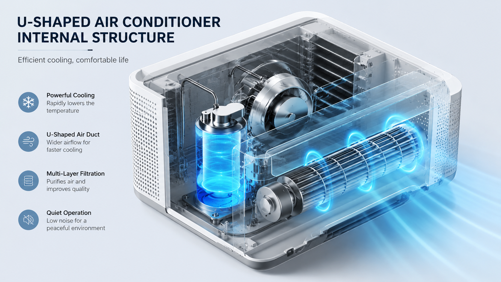 Internal structure of a U-shaped air conditioner showing airflow and condensate use