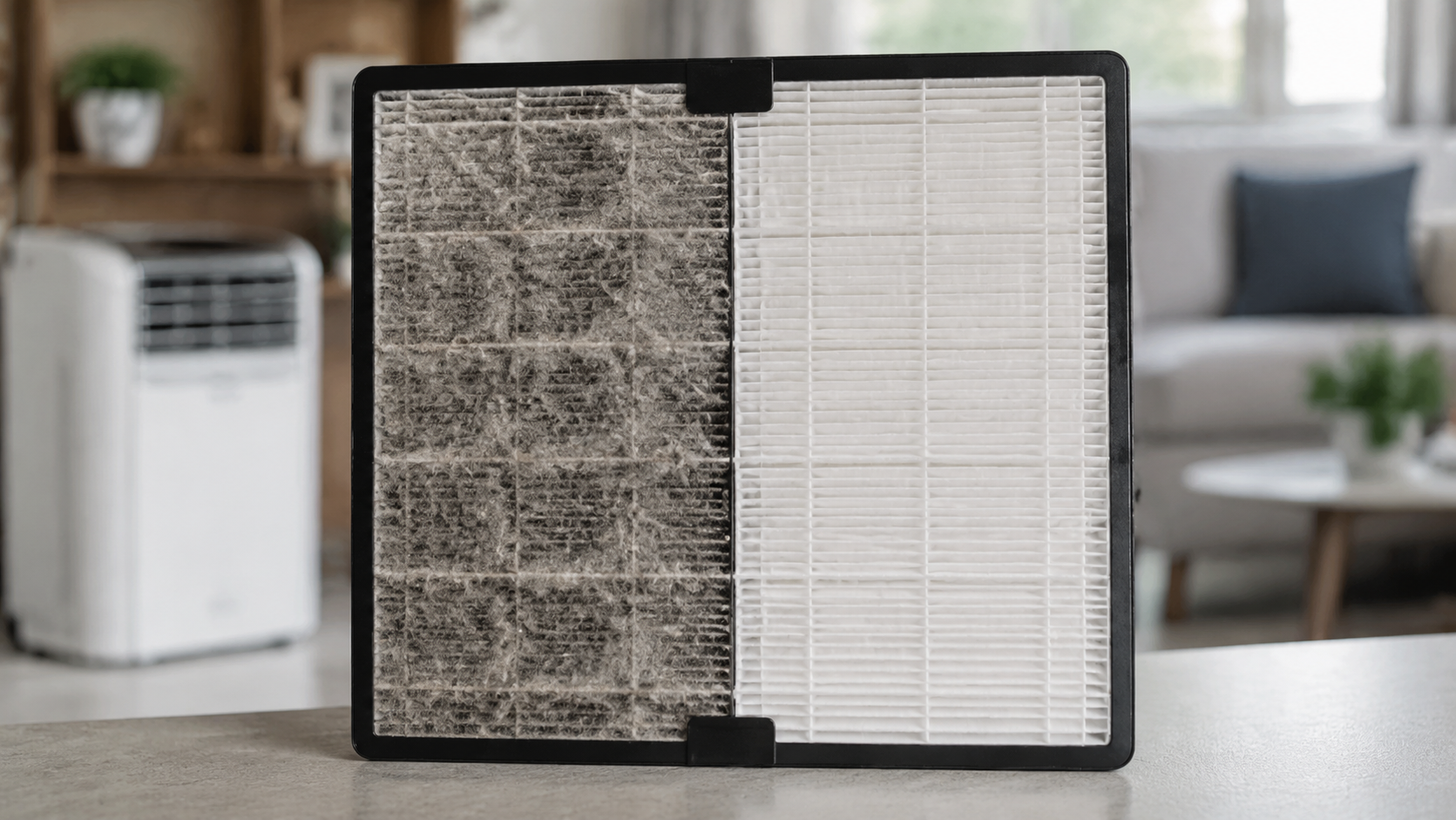 Dust buildup on a portable air conditioner filter