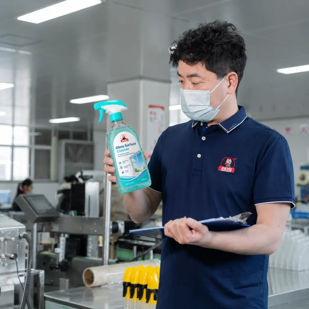 Quality inspection of a trigger spray bottle on the BIKI production line, part of the PPWR compliance evidence