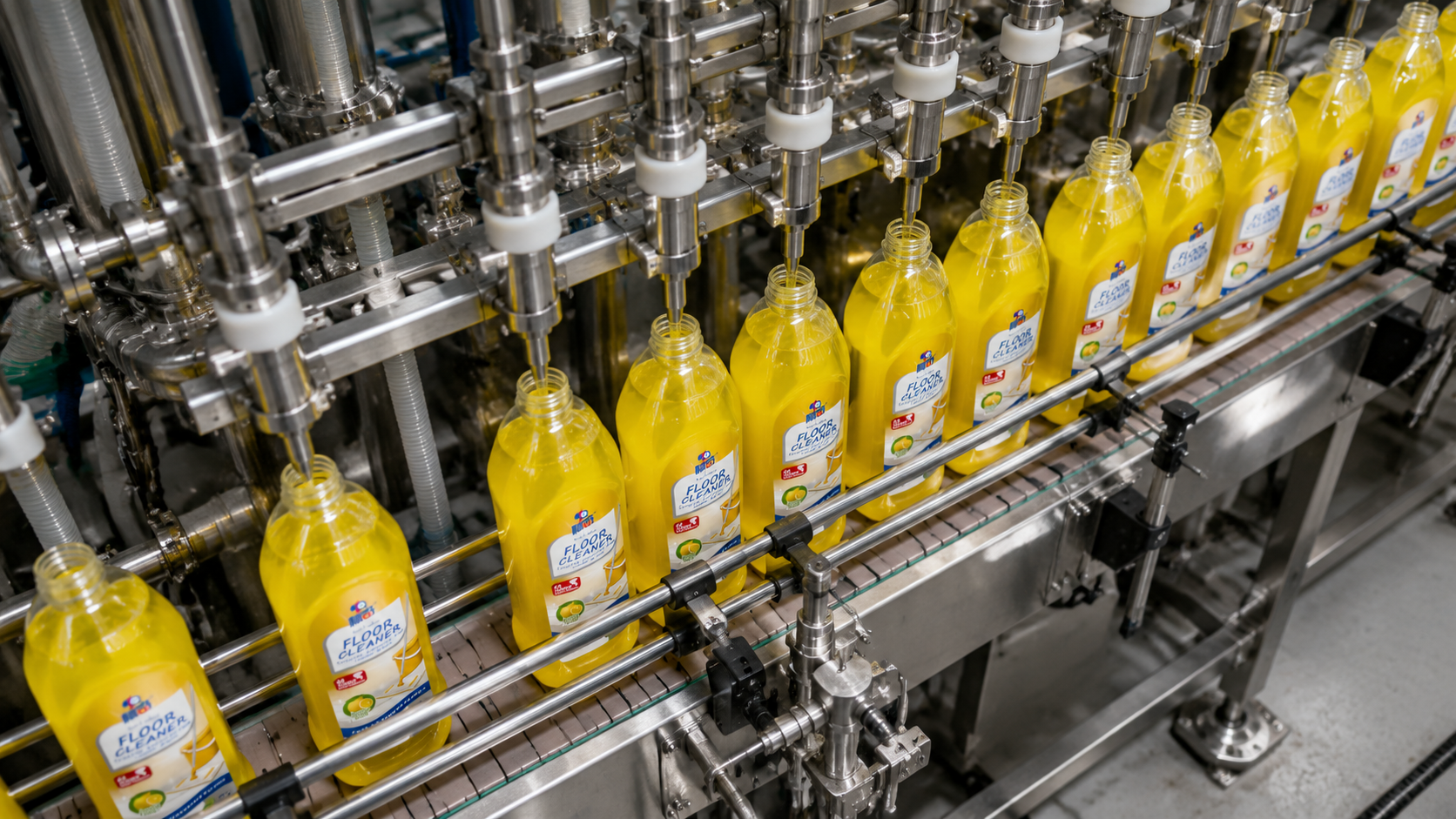 Cleaning product filling line for private label floor cleaner production