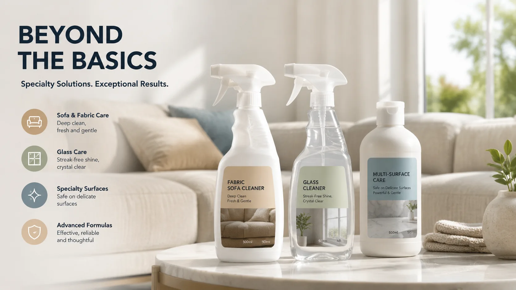 Fabric sofa and specialty glass cleaning products