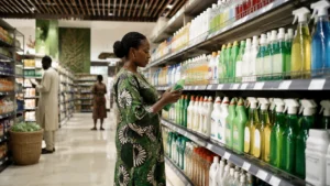 West African supermarket aisle with household cleaning products