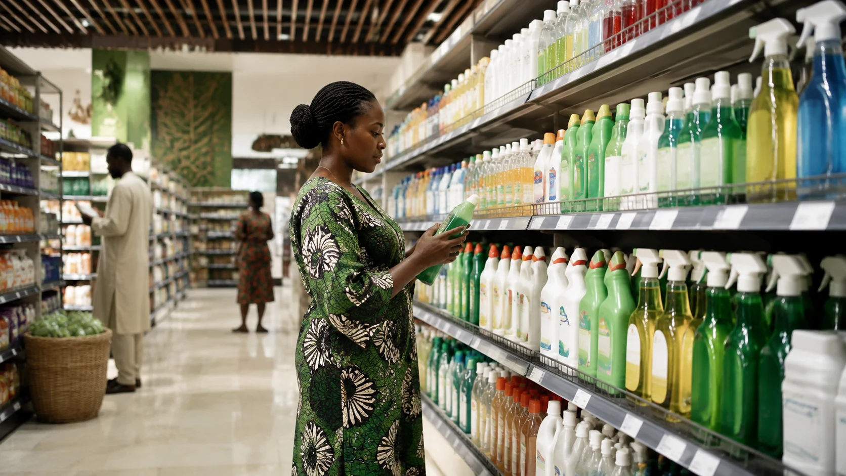 West African supermarket aisle with household cleaning products