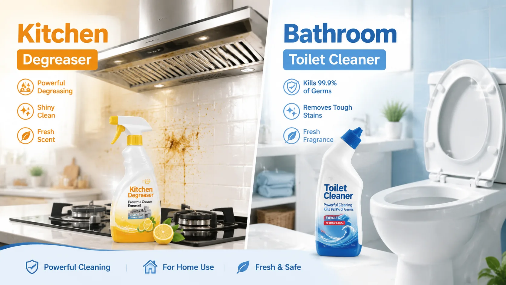 Kitchen degreaser and bathroom cleaner product range