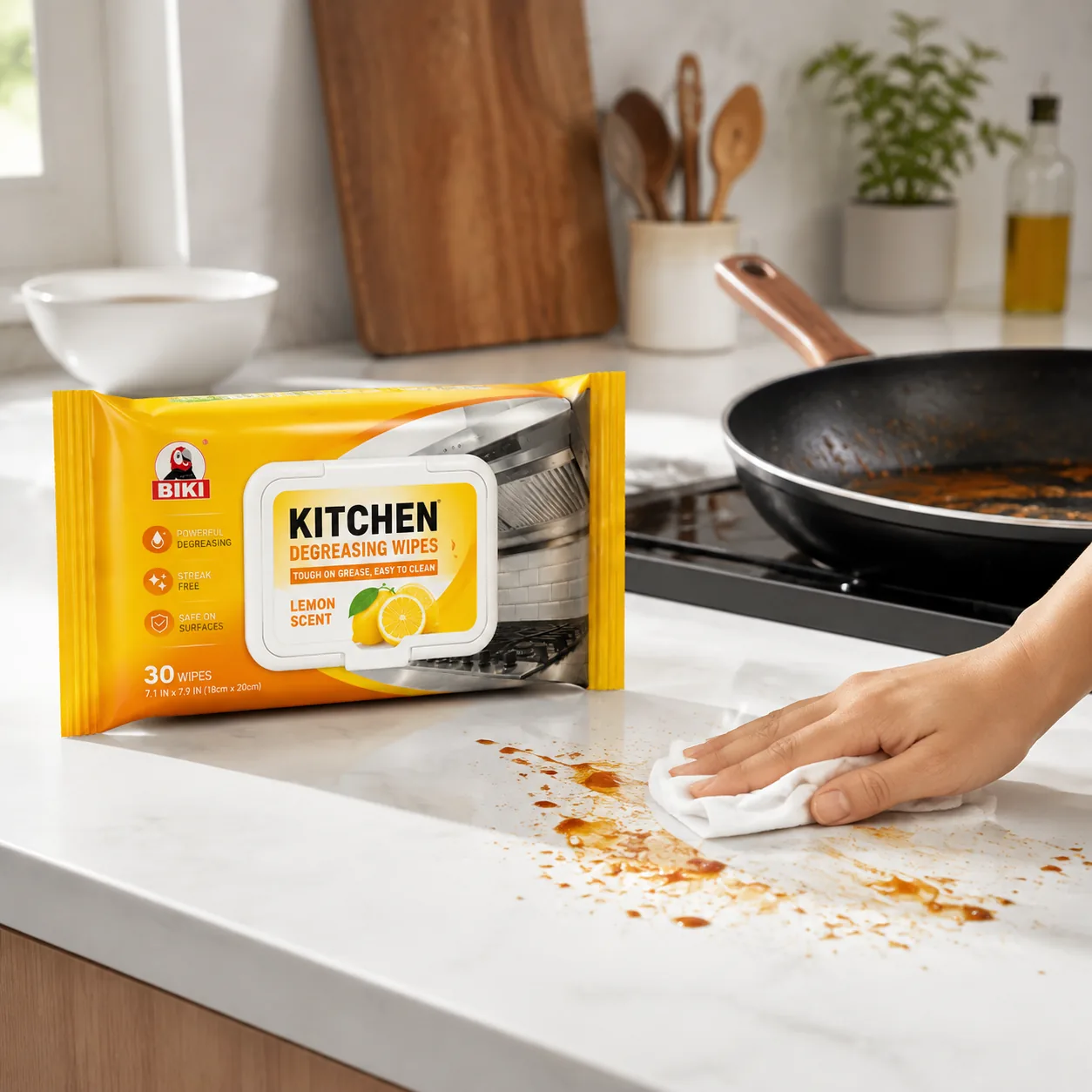 Kitchen Degreasing Wipes Countertop Grease Cleaning | BIKI Home Care