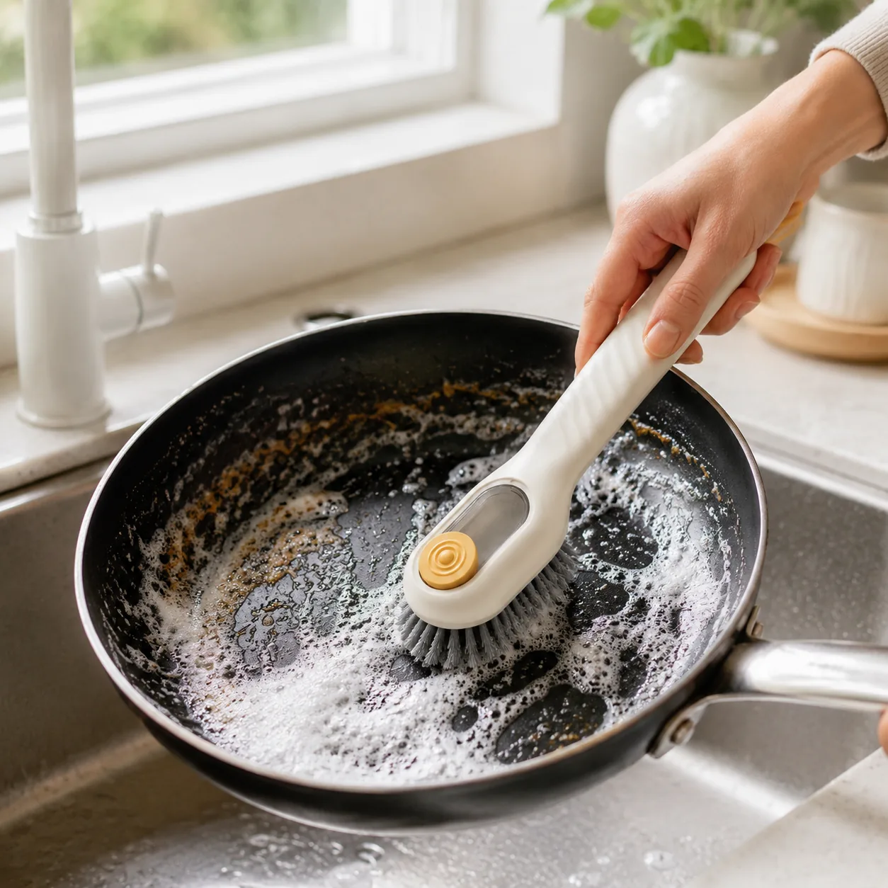 Soap Dispensing Dish Brush Handle Greasy Pan Scrubbing | BIKI Home Care