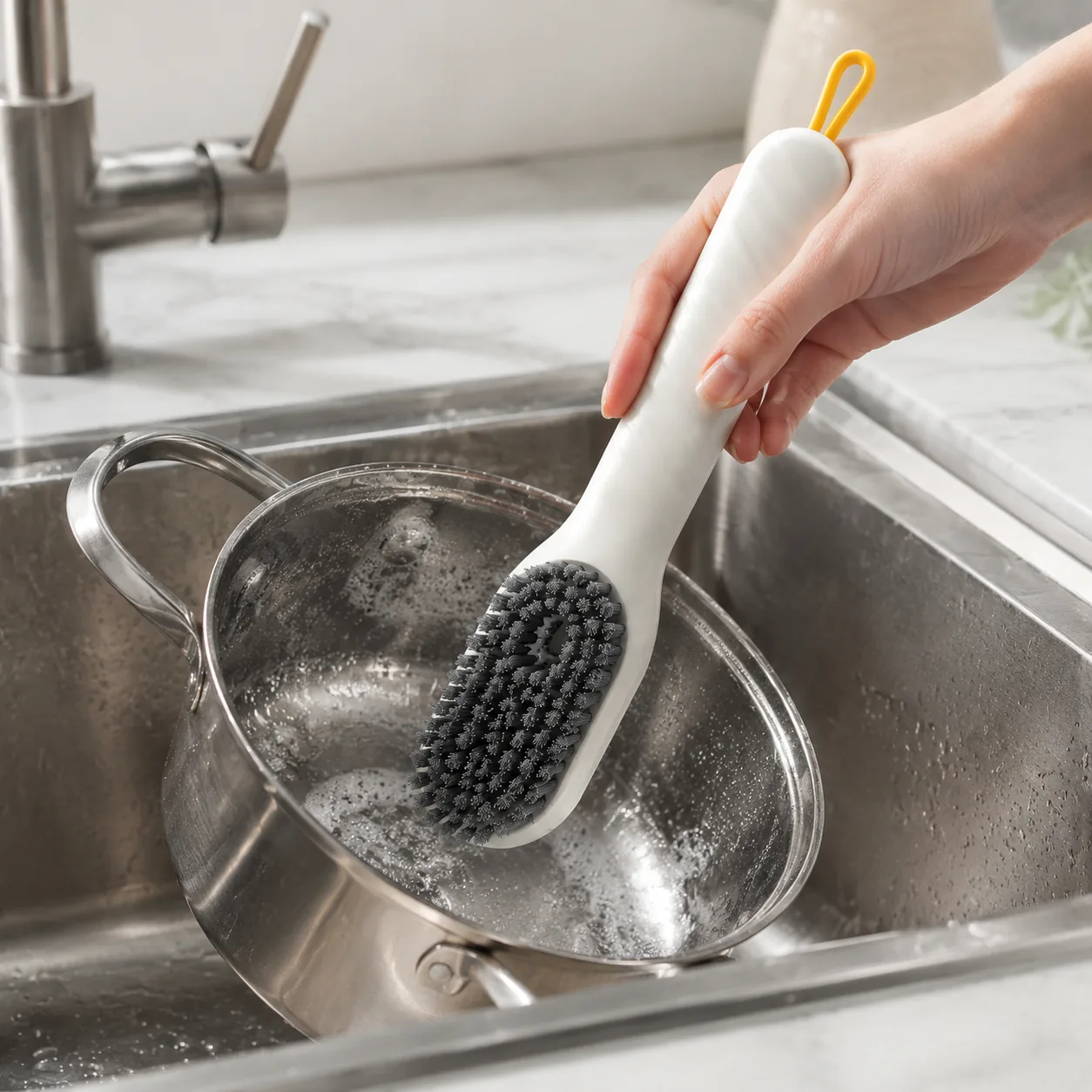 Soap Dispensing Dish Brush Handle Stainless Pot Cleaning | BIKI Home Care