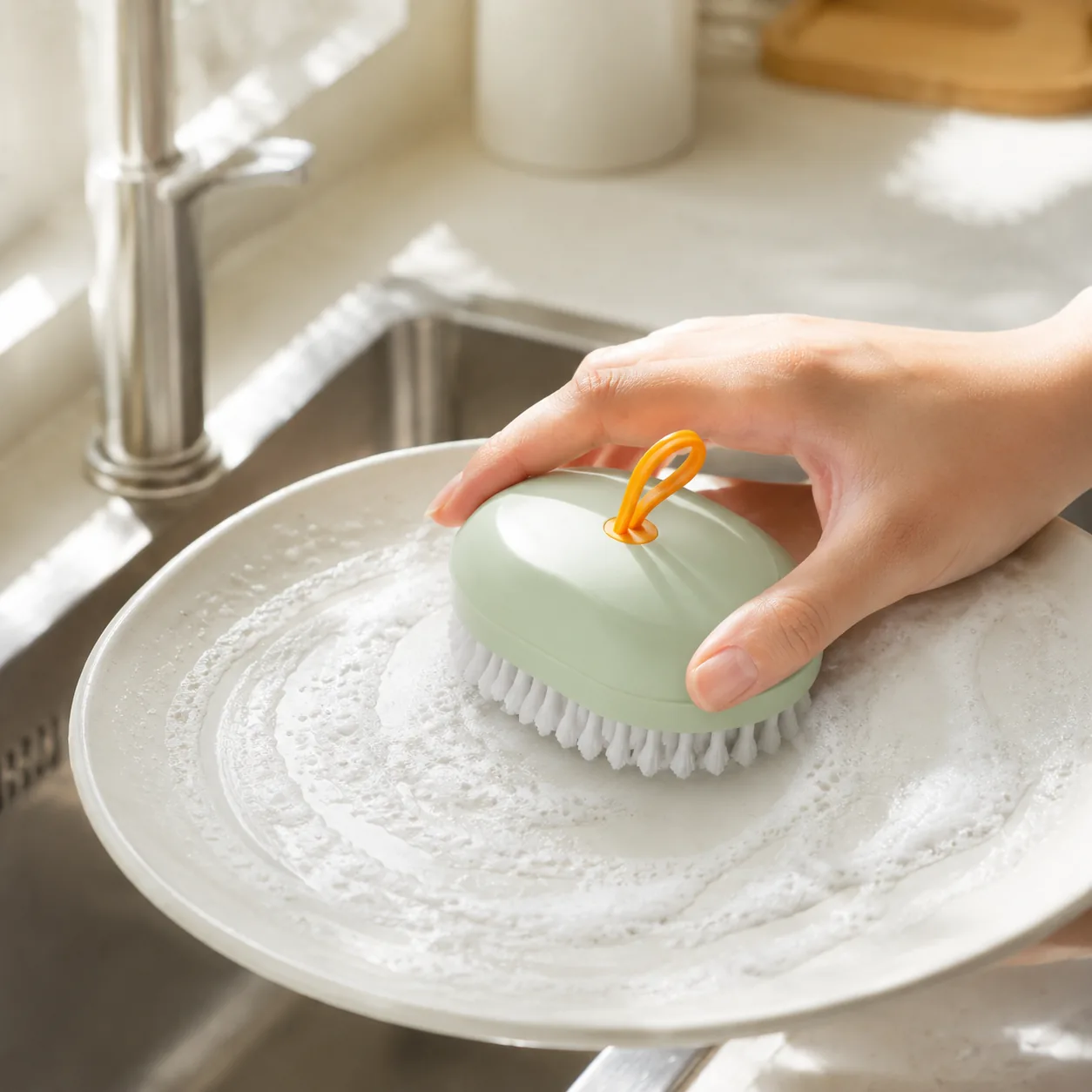 Soap Dispensing Dish Brush Palm Foamy Plate Scrubbing | BIKI Home Care