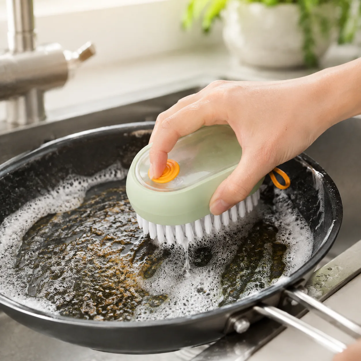Soap Dispensing Dish Brush Palm Press To Dispense Foam Cleaning | BIKI Home Care