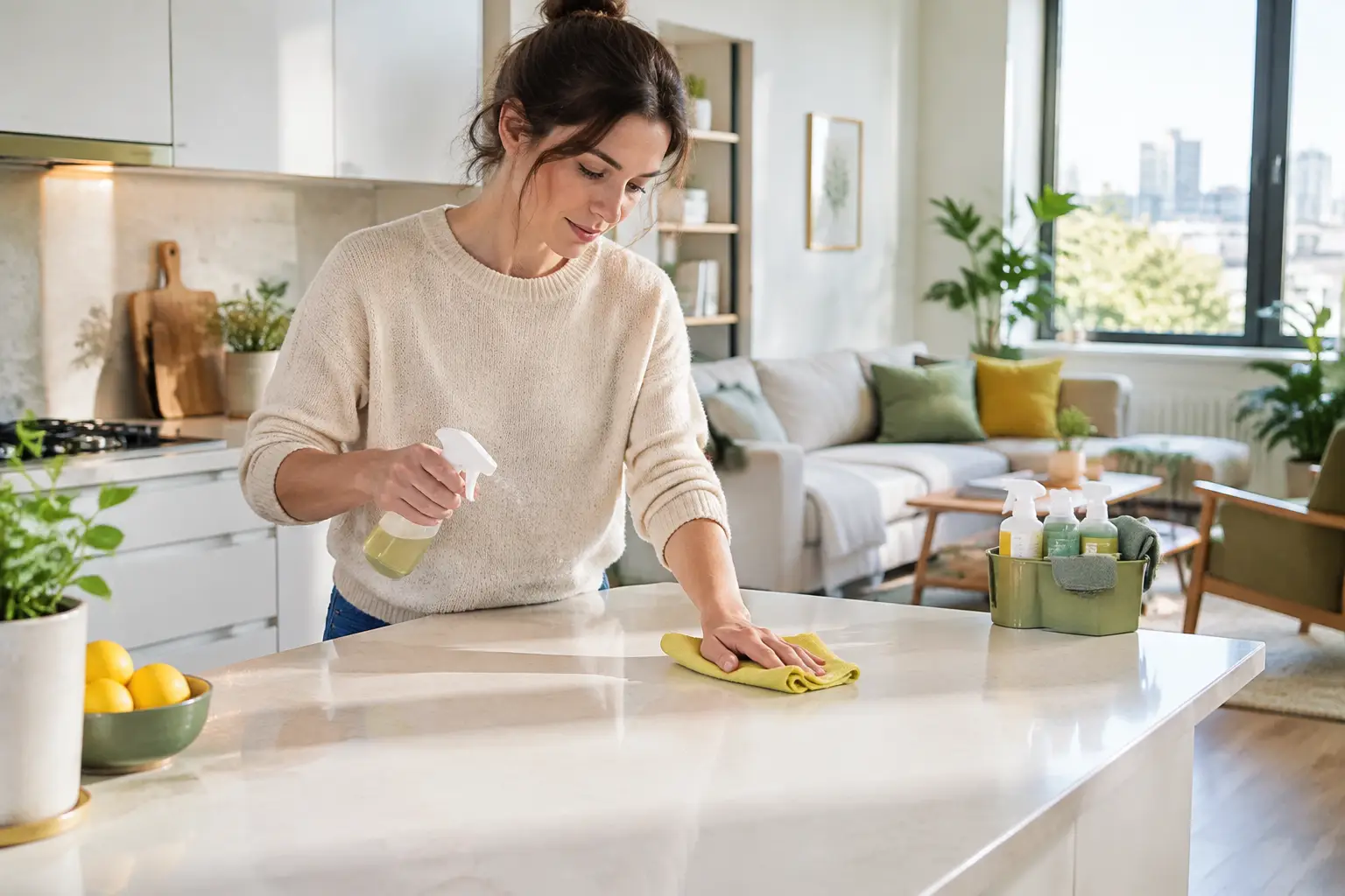 Modern household cleaning routine with convenient spray products