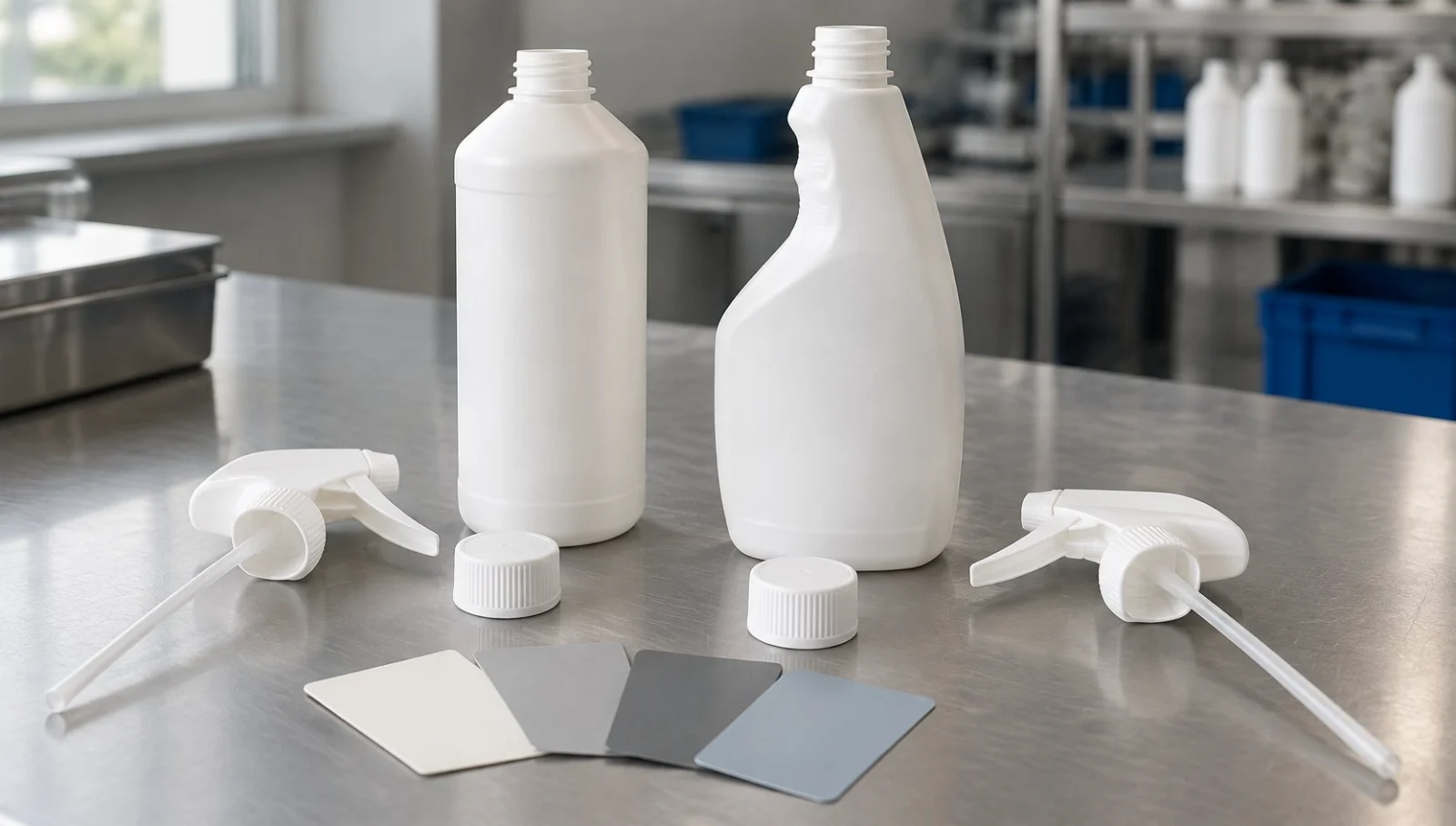 Unlabelled household cleaner bottles, trigger sprayers and caps arranged as approved packaging references