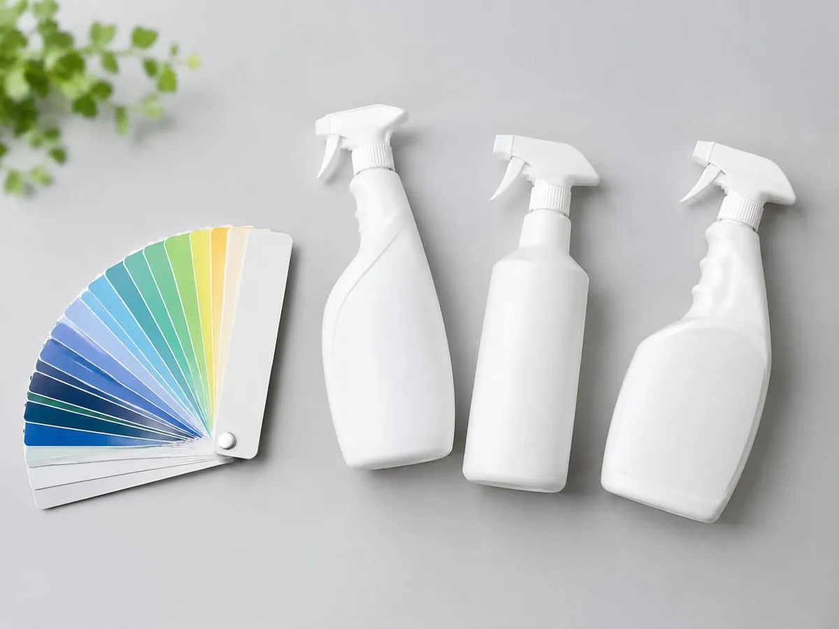 Colour swatch fan beside three unbranded spray bottles in different shapes