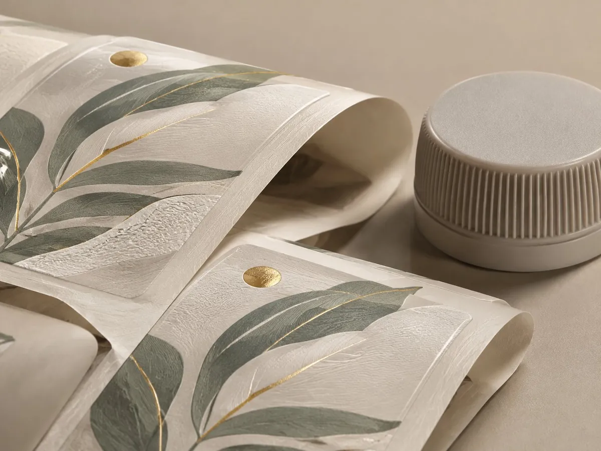 Printed label samples with emboss and gold foil detail beside a ribbed bottle cap