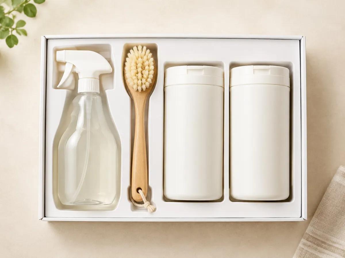 Household cleaning gift set with spray bottle, wooden brush and two wipe canisters in a white tray