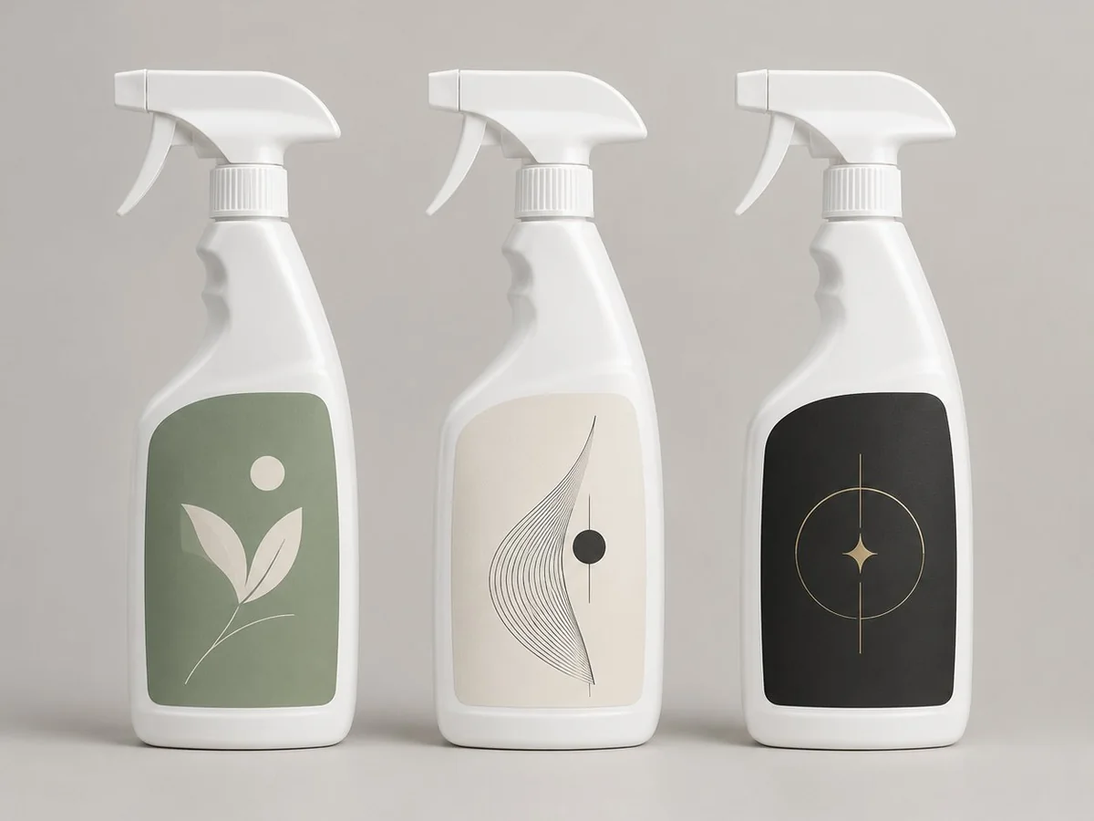 Three identical white spray bottles carrying three different unbranded label designs