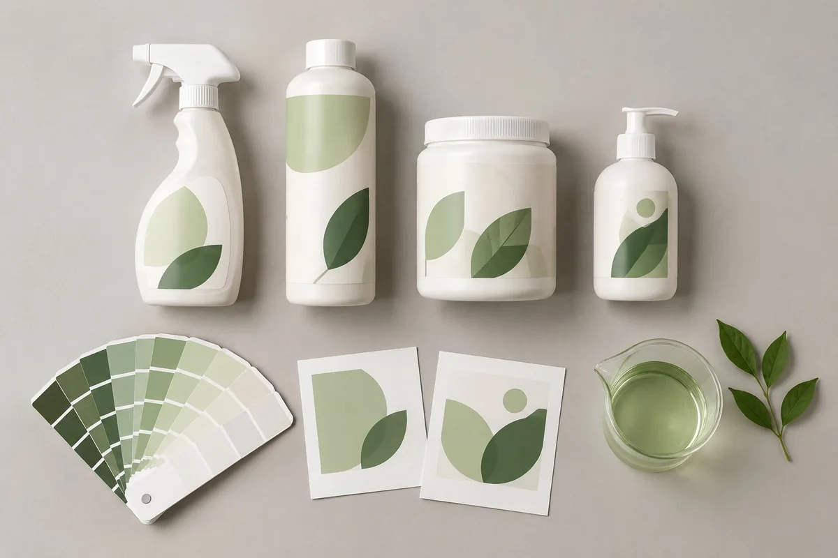 Four bottle shapes with a colour swatch fan, printed label proofs and a beaker of green liquid
