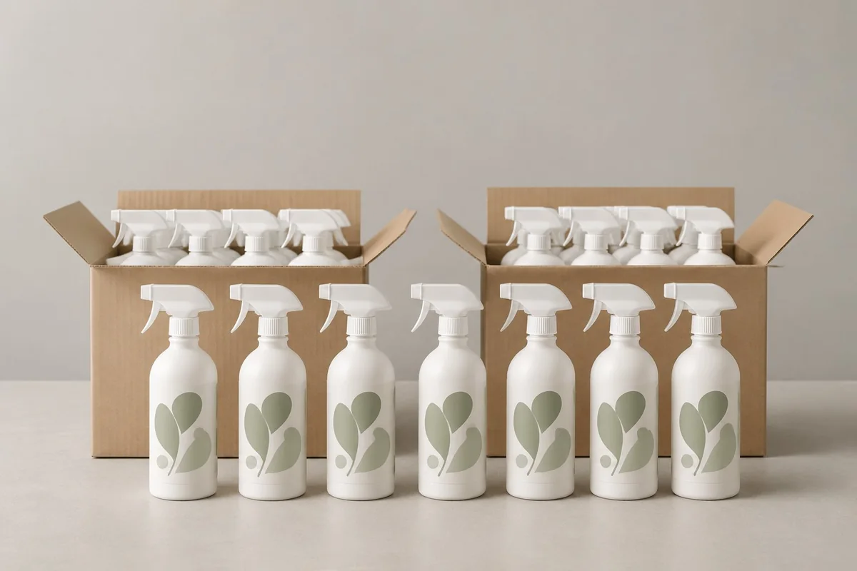 Identical labelled spray bottles in front of two kraft cartons filled with the same bottles