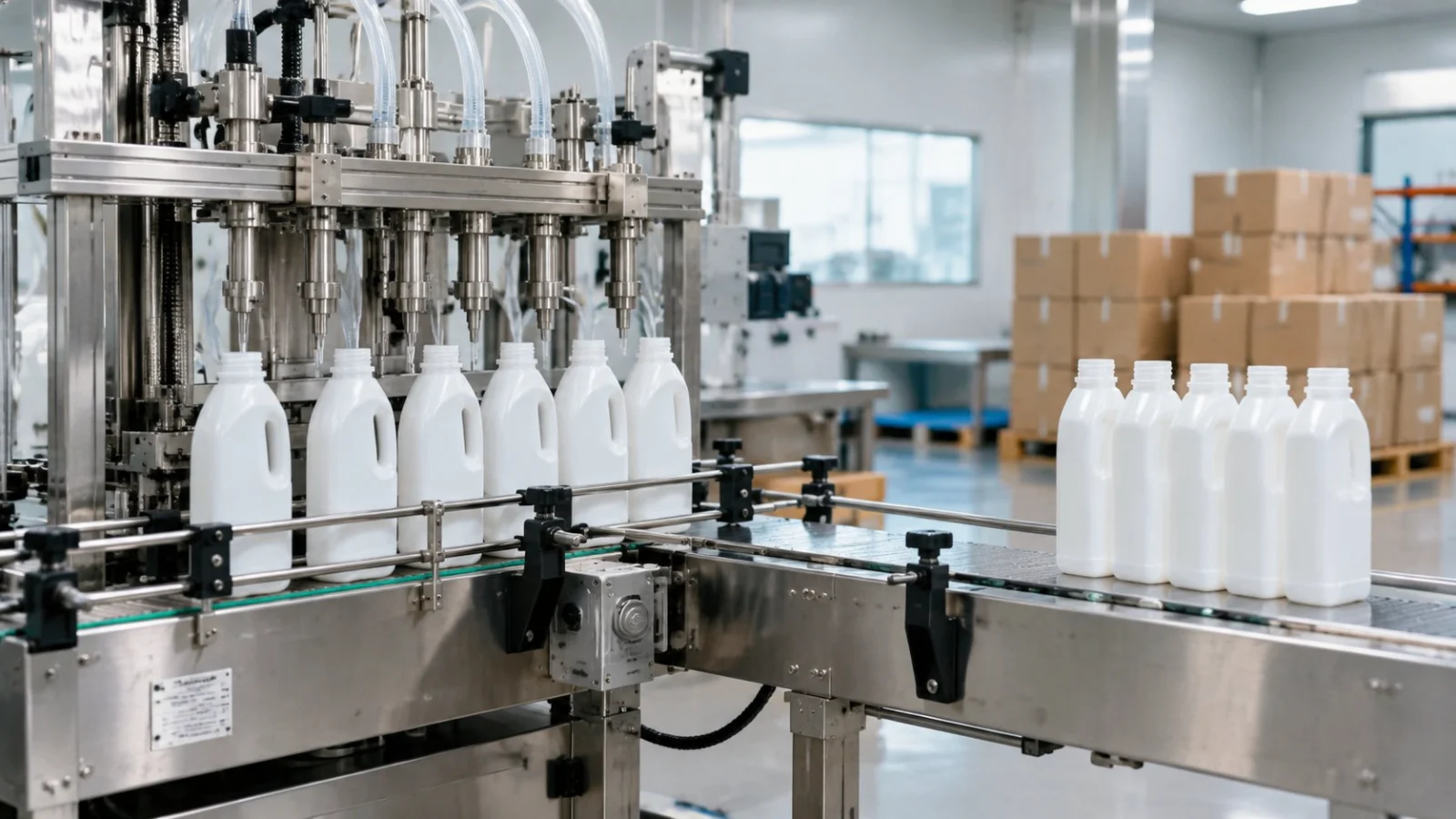 Unlabelled household cleaner bottles moving through a filling line with export cartons in the background