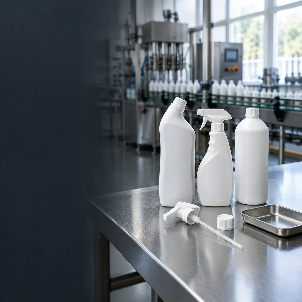 Unlabelled household cleaner bottles and packaging components on a quality-control bench in a factory