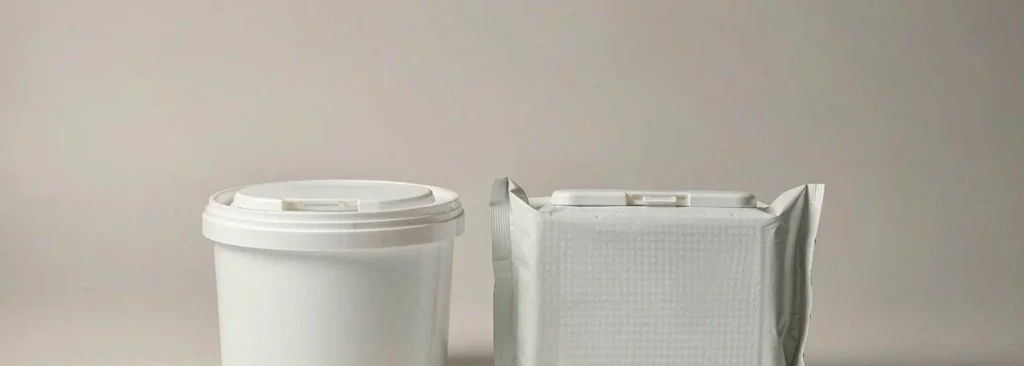 Private label cleaning wipes: an 80-sheet canister and a 60-sheet soft pack side by side