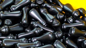 Black injection moulded caps and sprayer components in a bin at the BIKI Home Care moulding workshop
