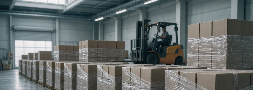 Household cleaning product export cartons staged in a warehouse ahead of the Ramadan 2027 and Chinese New Year overlap