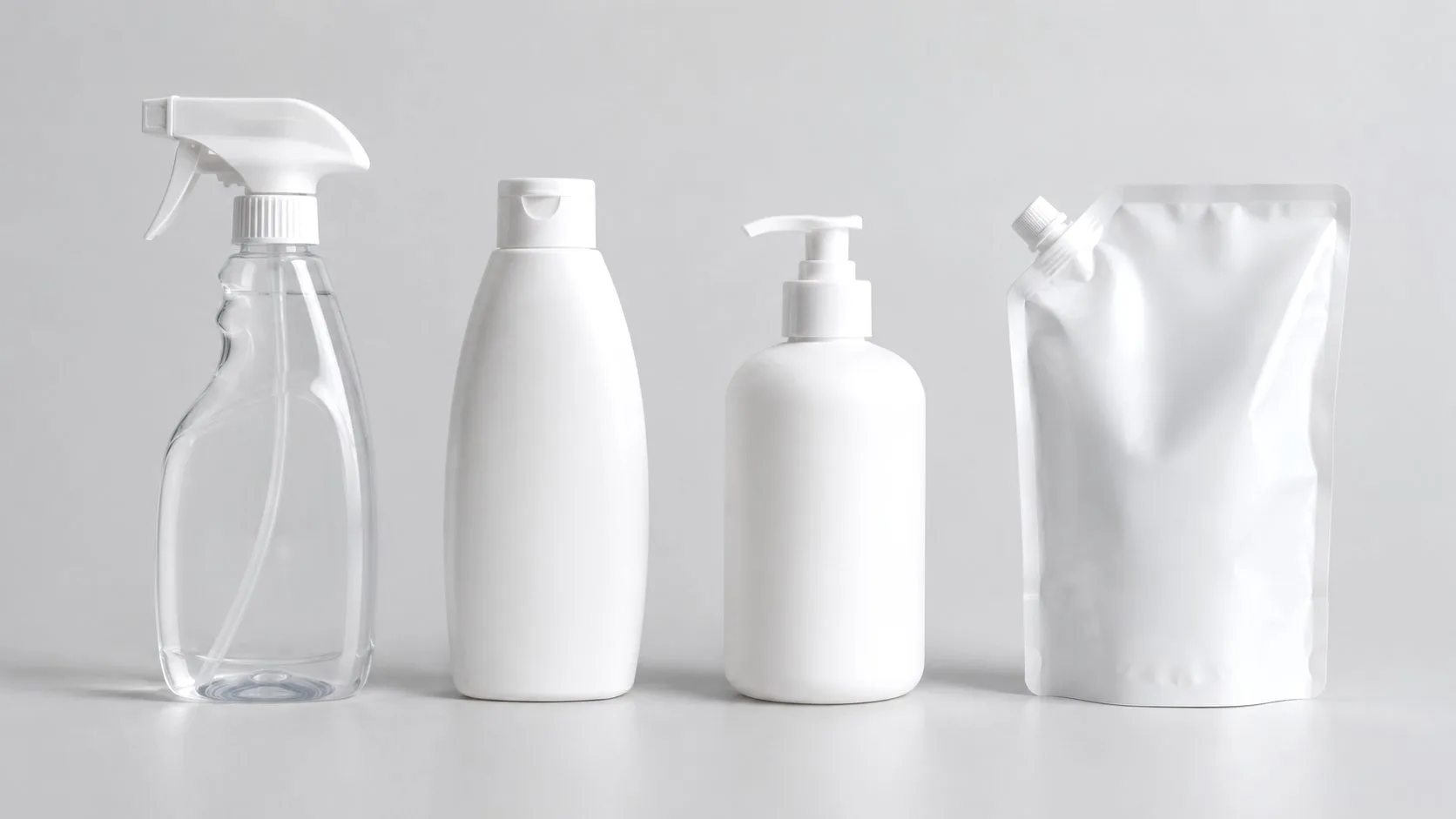 Household cleaning packaging formats under PPWR: trigger spray bottle, HDPE bottle, pump bottle and refill pouch