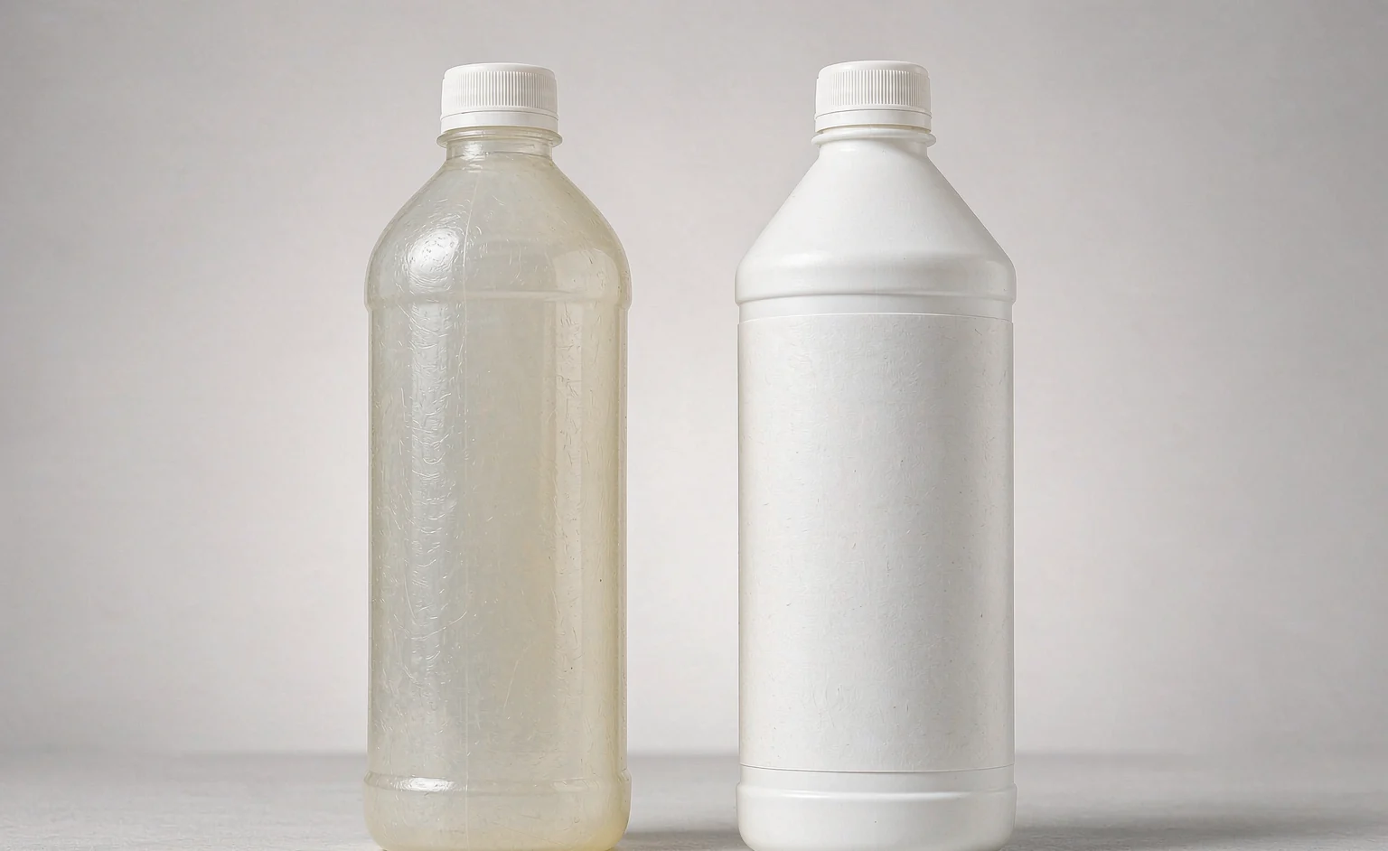 Household cleaning product bottles in a row, showing different packaging formats