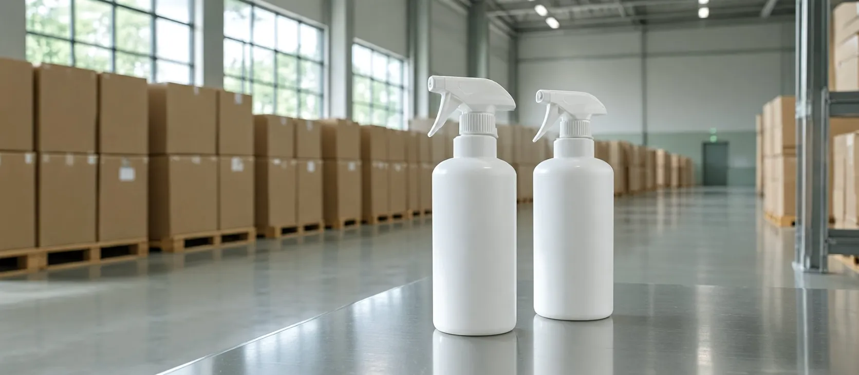 Palletised household cleaning product cartons and trigger spray bottles in the BIKI warehouse, packed for PPWR-ready export