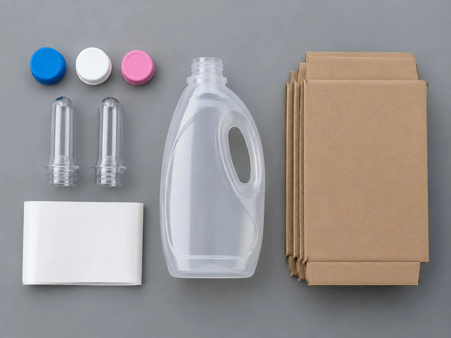 Bottle caps, preforms, blank labels and cartons for laundry liquid OEM packaging