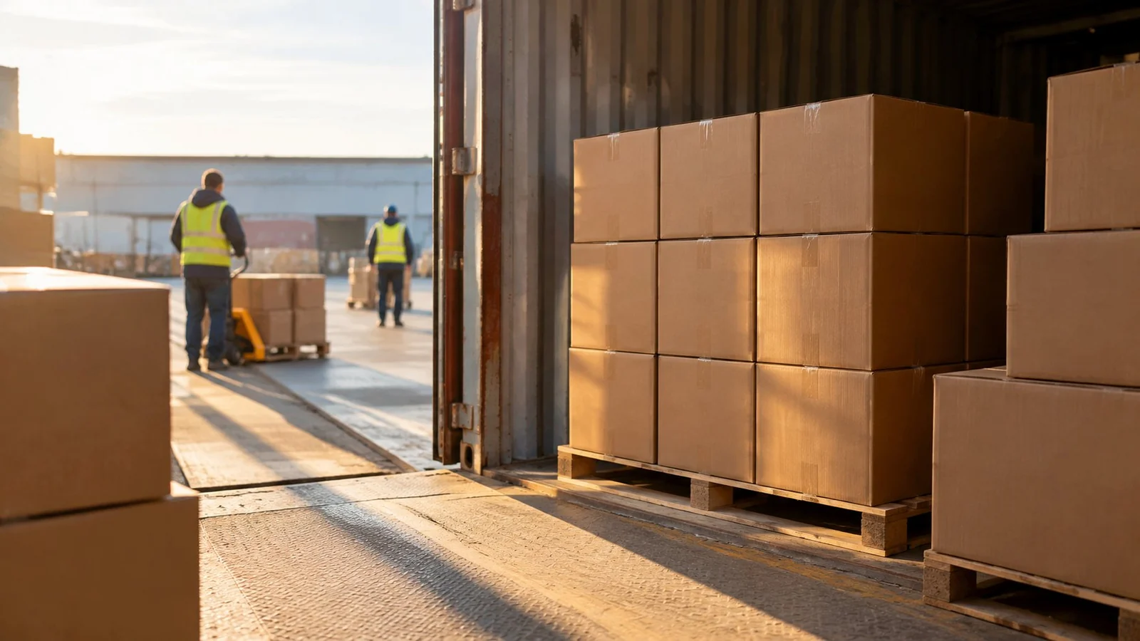 Unprinted cartons of laundry liquid being loaded into a shipping container