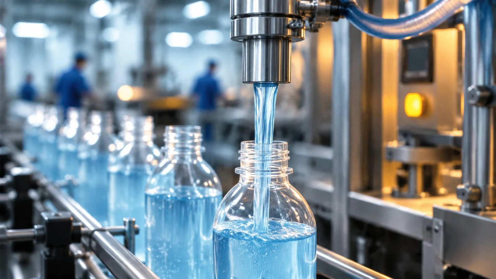Filling nozzle dispensing laundry liquid into an unlabeled bottle on a filling line