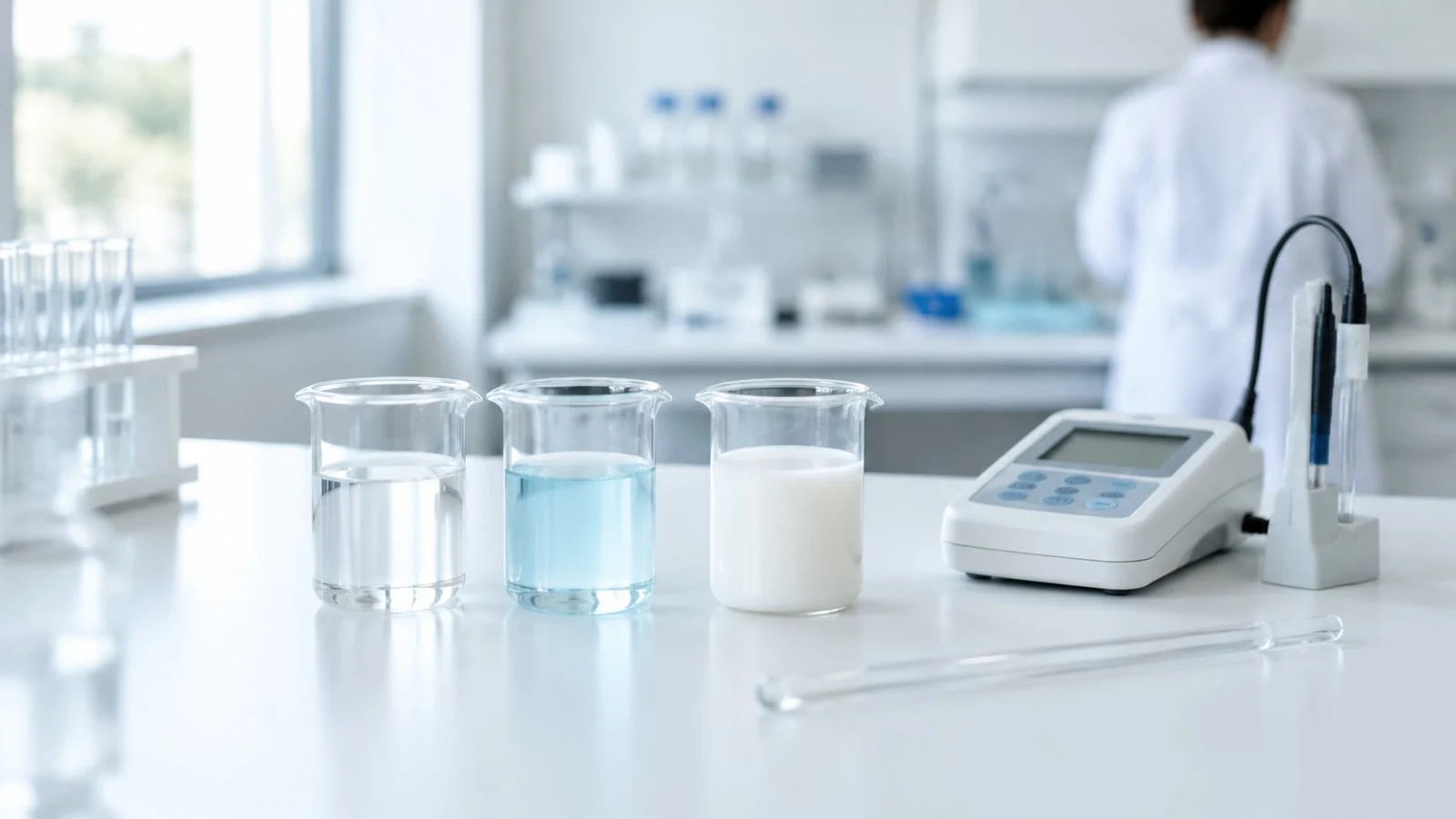 Laundry liquid formulation lab with beakers and pH testing for OEM development
