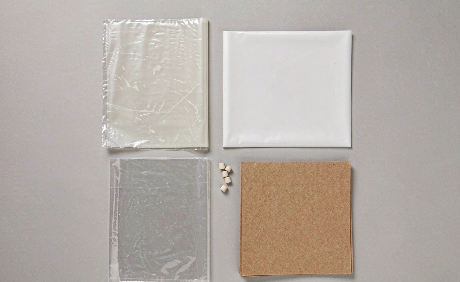 Samples of packaging materials: HDPE, PP, PET and paper