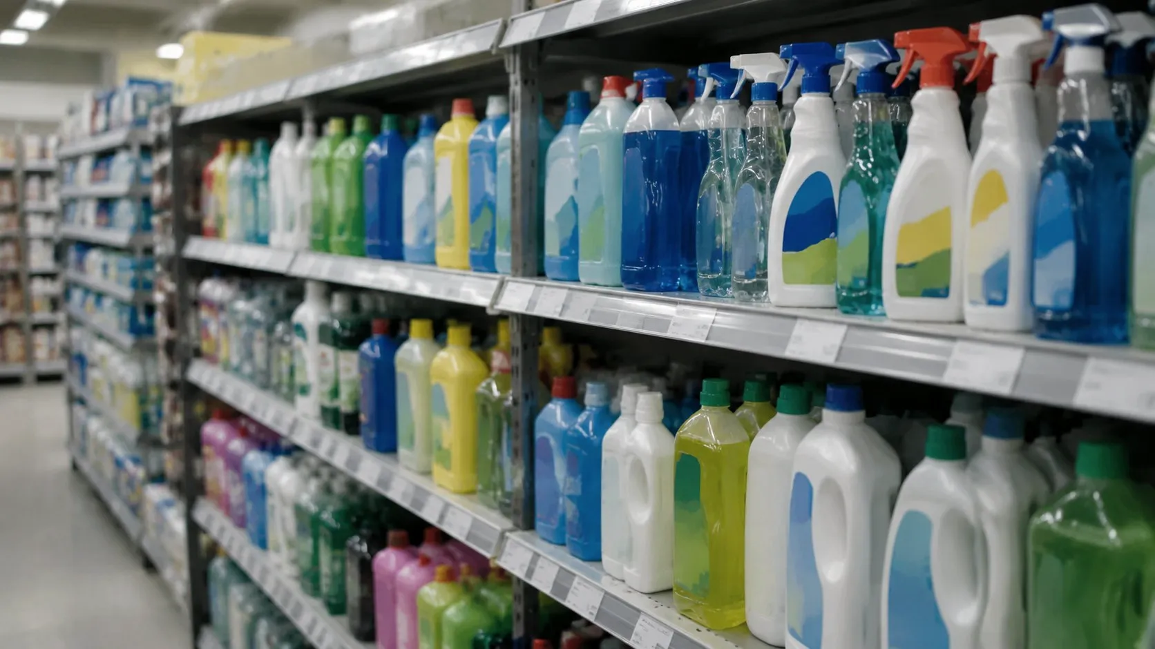 Household cleaning products on a European supermarket shelf, where PPWR rules decide what can be sold