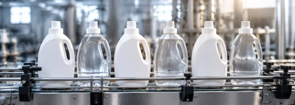 Private label laundry liquid bottles on a filling line at a household cleaning products factory