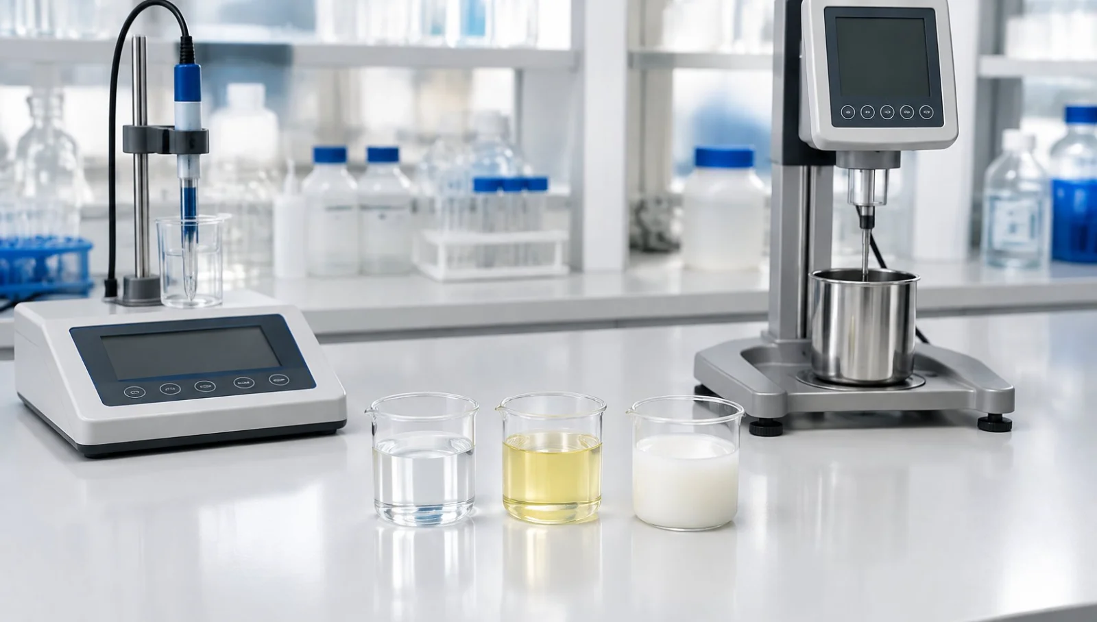 Three unlabelled household cleaning liquid samples beside laboratory pH and viscosity testing equipment