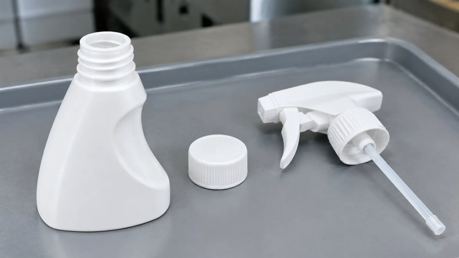 Unlabelled cleaner bottle neck, cap and trigger sprayer arranged for packaging fit inspection