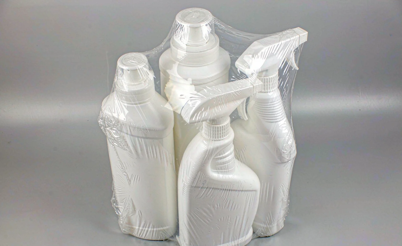 Shrink-wrapped multipack of household cleaning bottles