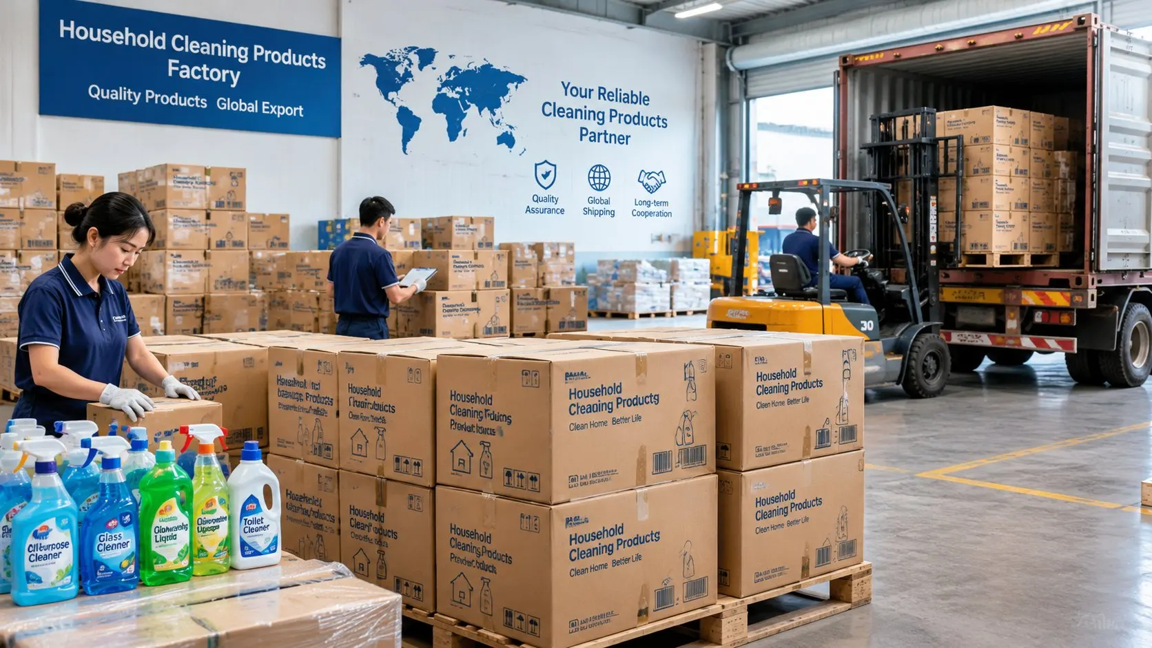 Household cleaning product cartons loaded into a container before the Chinese New Year factory shutdown