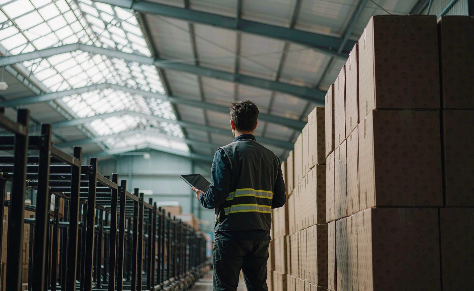 A warehouse supervisor checking stacked household cleaning product cartons against a shipment list