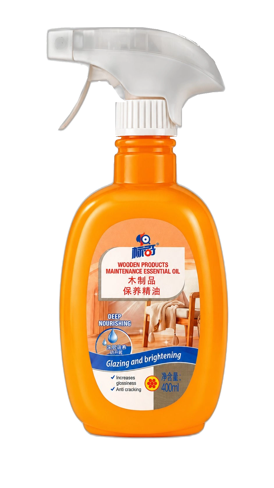 Wood Surface Care Spray 400 ml bottle with white trigger on transparent background